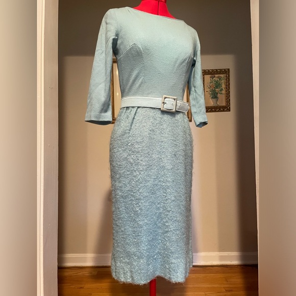 Vintage 1960s Baby Blue Glamorous Boucle Textured Skirt Belted Pencil Dress - Picture 2 of 15